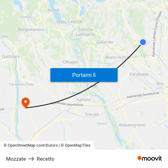 Mozzate to Recetto map