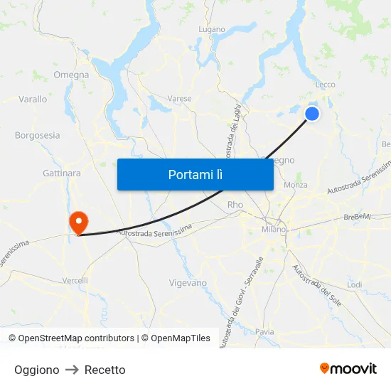 Oggiono to Recetto map