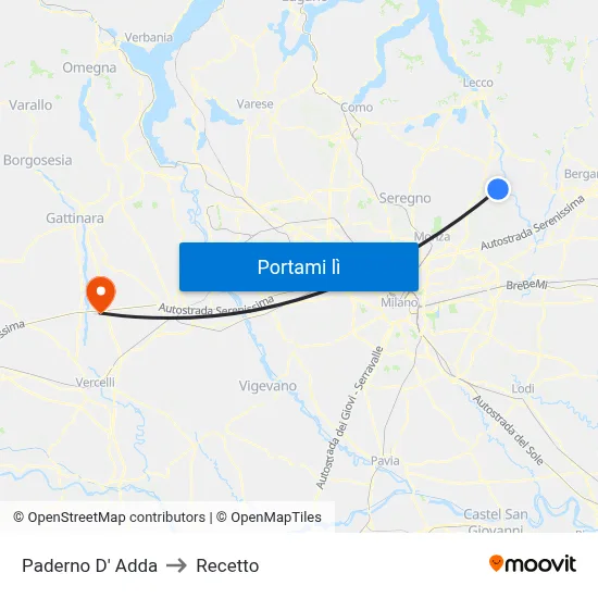 Paderno D' Adda to Recetto map