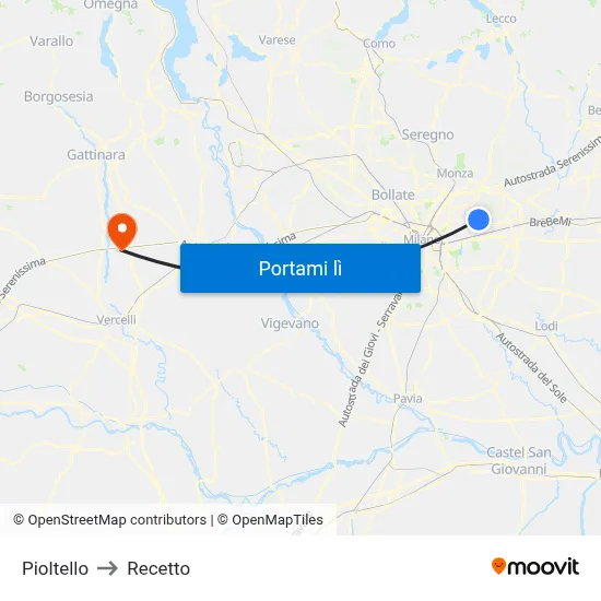 Pioltello to Recetto map