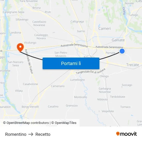 Romentino to Recetto map