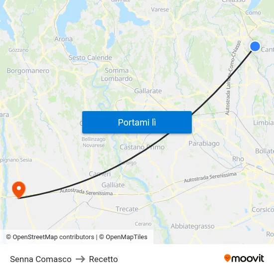 Senna Comasco to Recetto map