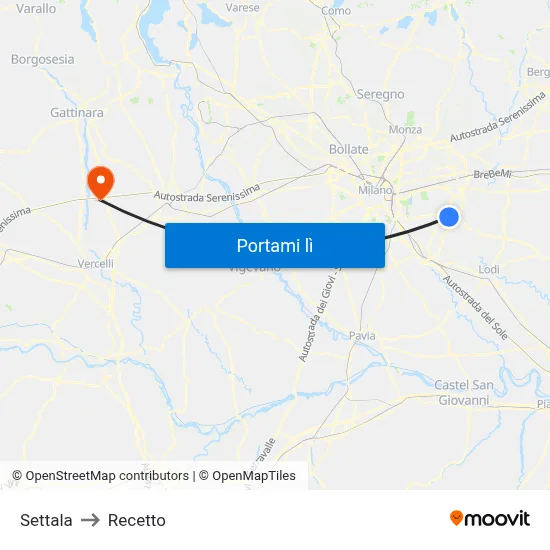 Settala to Recetto map