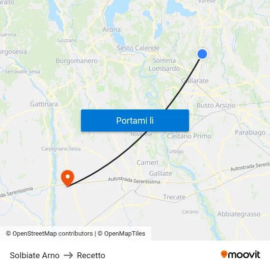 Solbiate Arno to Recetto map