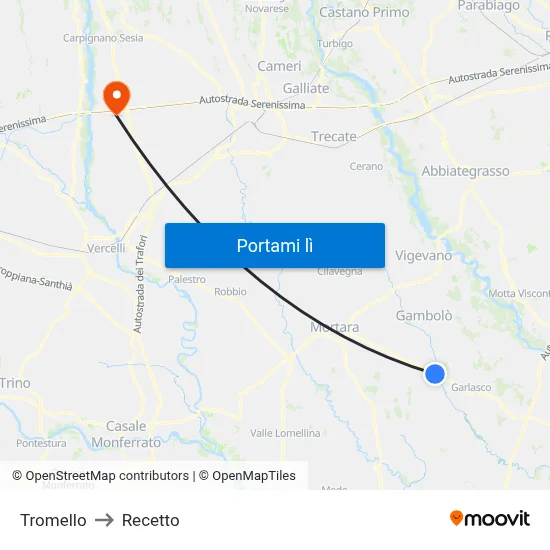 Tromello to Recetto map
