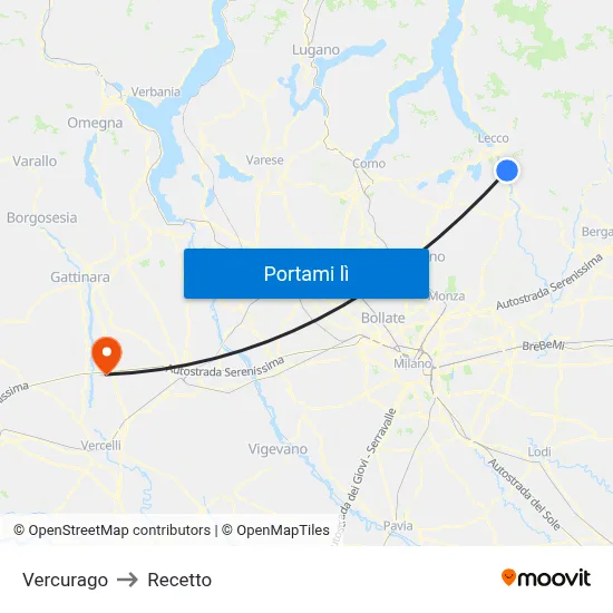 Vercurago to Recetto map