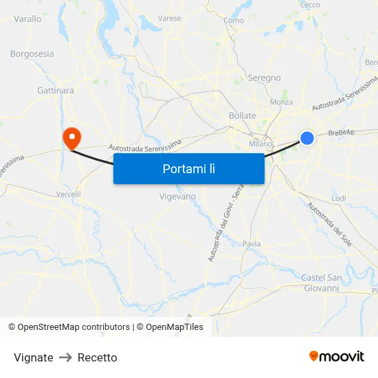 Vignate to Recetto map