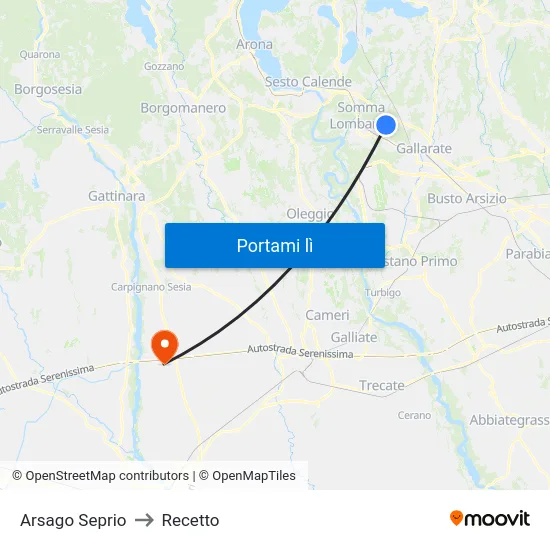 Arsago Seprio to Recetto map