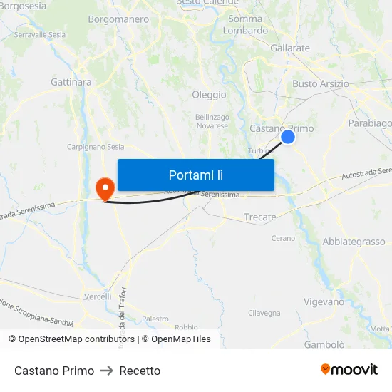 Castano Primo to Recetto map