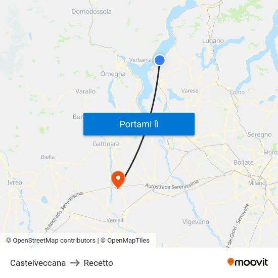 Castelveccana to Recetto map