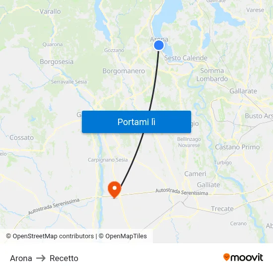 Arona to Recetto map