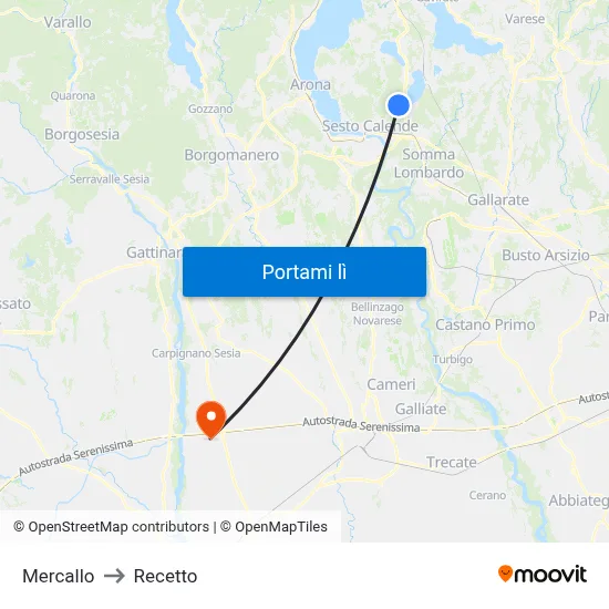 Mercallo to Recetto map
