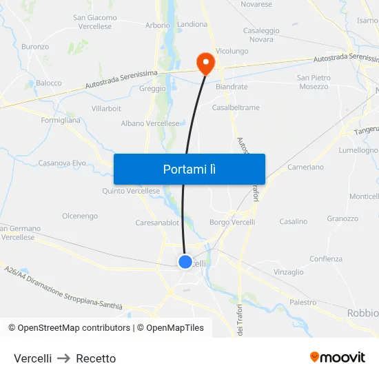 Vercelli to Recetto map