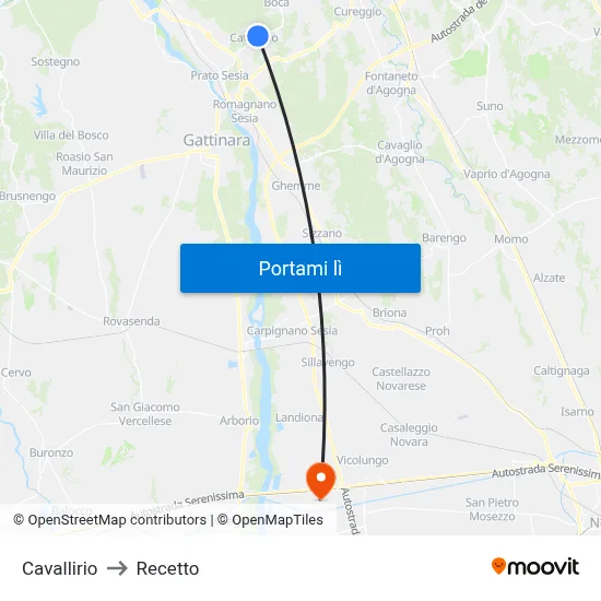 Cavallirio to Recetto map