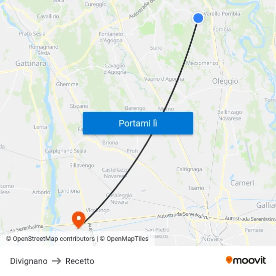 Divignano to Recetto map