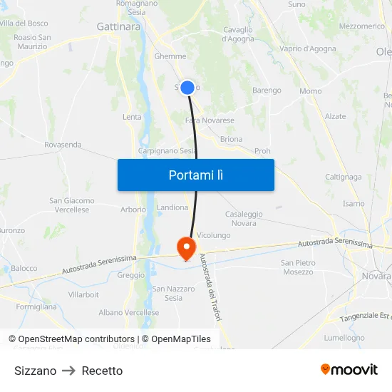 Sizzano to Recetto map