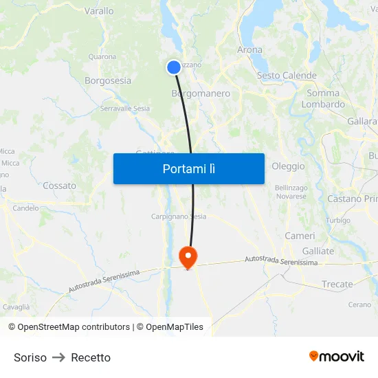 Soriso to Recetto map