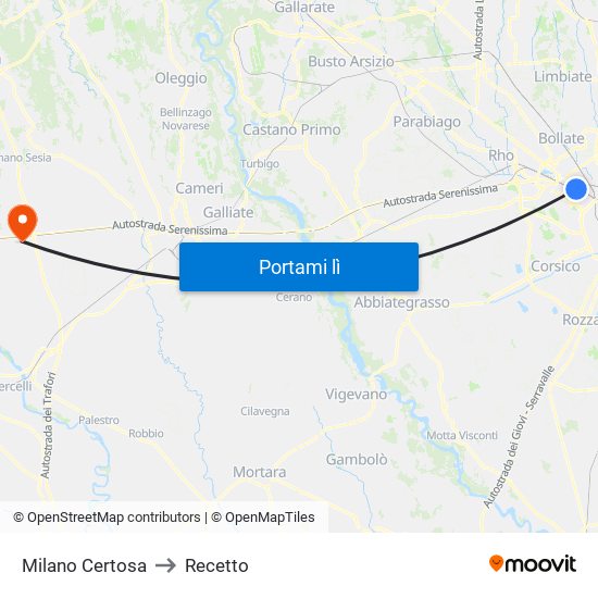 Milano Certosa to Recetto map