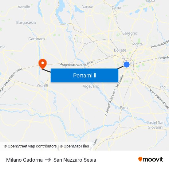 Milano Cadorna to San Nazzaro Sesia map