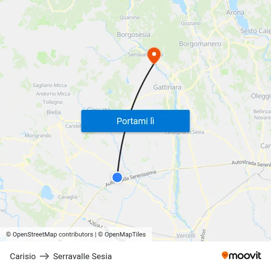 Carisio to Serravalle Sesia map