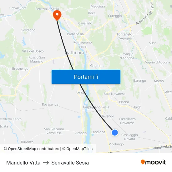 Mandello Vitta to Serravalle Sesia map