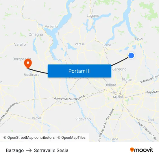 Barzago to Serravalle Sesia map