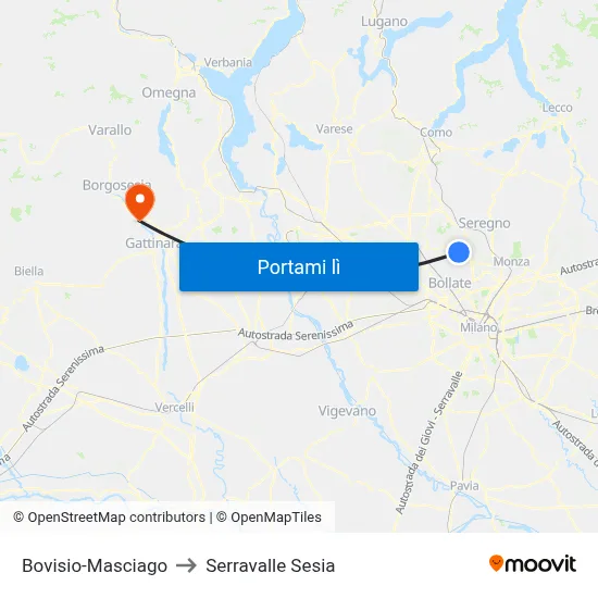 Bovisio-Masciago to Serravalle Sesia map