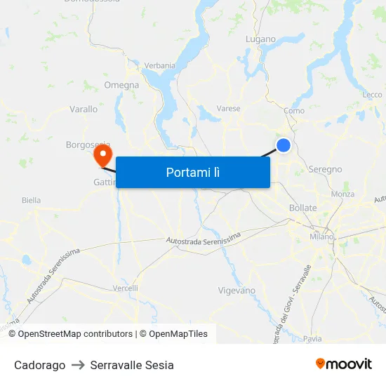 Cadorago to Serravalle Sesia map