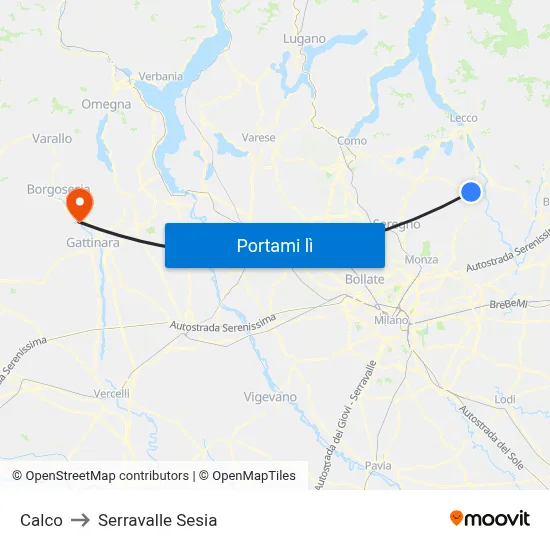 Calco to Serravalle Sesia map
