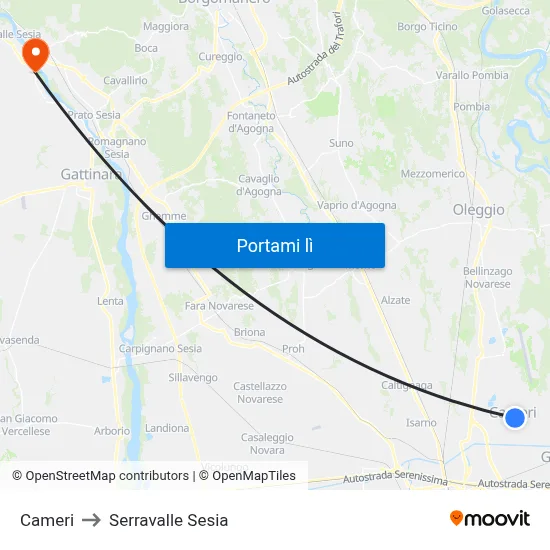 Cameri to Serravalle Sesia map