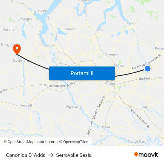 Canonica D' Adda to Serravalle Sesia map