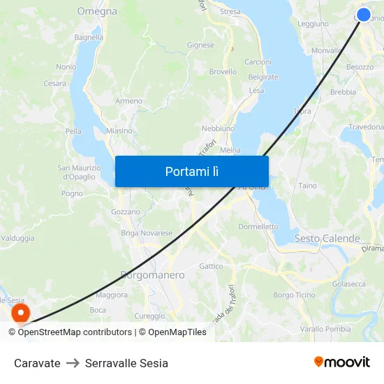 Caravate to Serravalle Sesia map