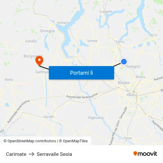 Carimate to Serravalle Sesia map