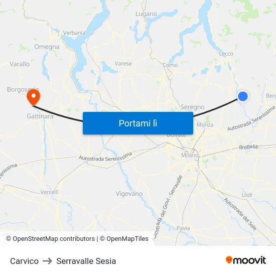 Carvico to Serravalle Sesia map