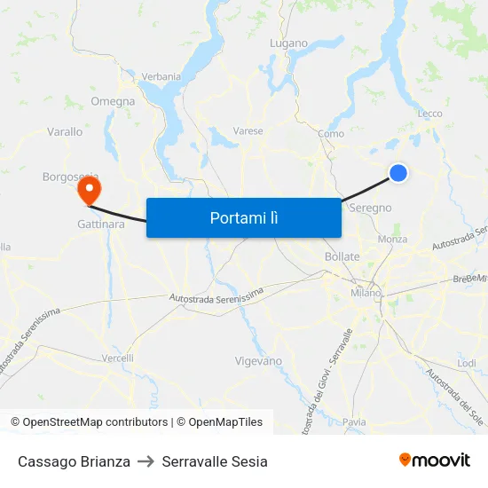 Cassago Brianza to Serravalle Sesia map