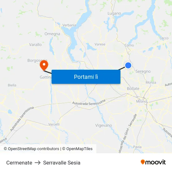 Cermenate to Serravalle Sesia map
