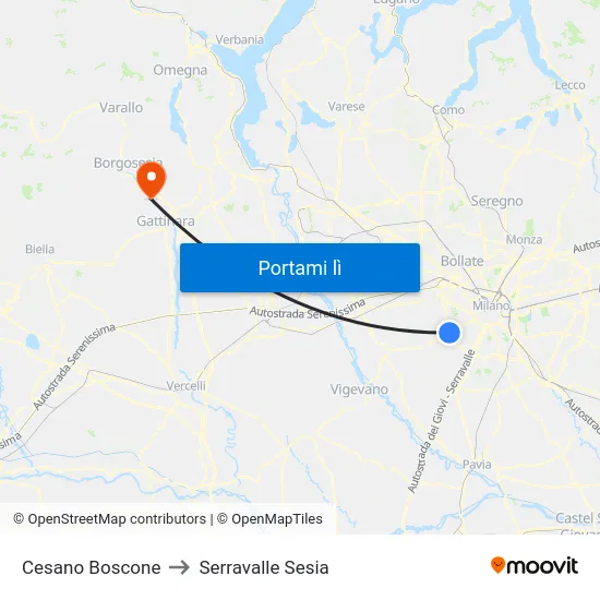 Cesano Boscone to Serravalle Sesia map
