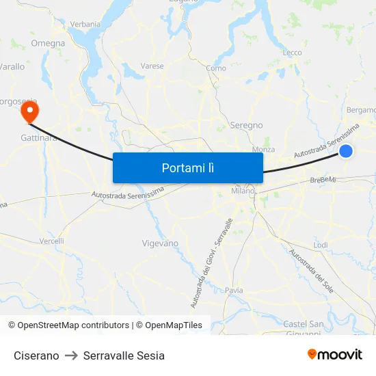 Ciserano to Serravalle Sesia map