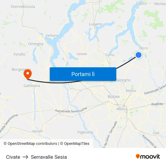 Civate to Serravalle Sesia map