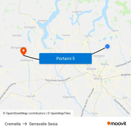 Cremella to Serravalle Sesia map