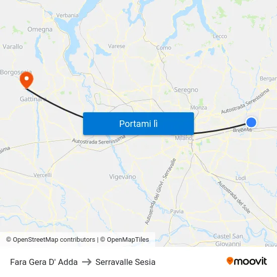 Fara Gera D' Adda to Serravalle Sesia map