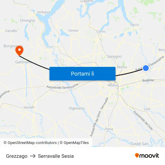 Grezzago to Serravalle Sesia map