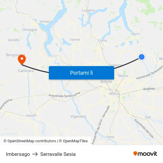 Imbersago to Serravalle Sesia map