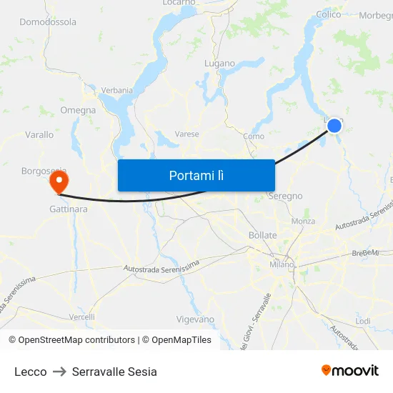 Lecco to Serravalle Sesia map