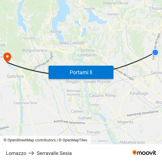 Lomazzo to Serravalle Sesia map