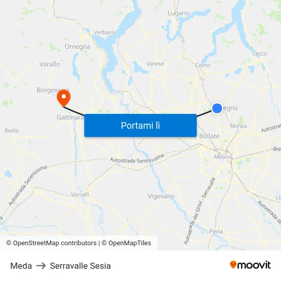 Meda to Serravalle Sesia map
