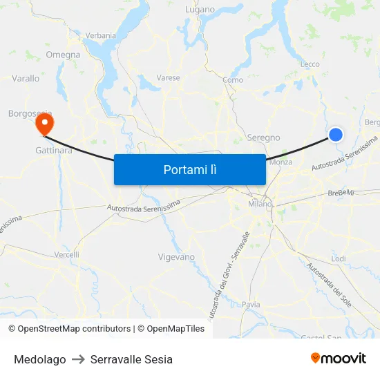Medolago to Serravalle Sesia map