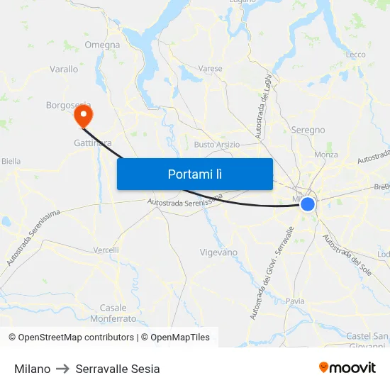 Milano to Serravalle Sesia map