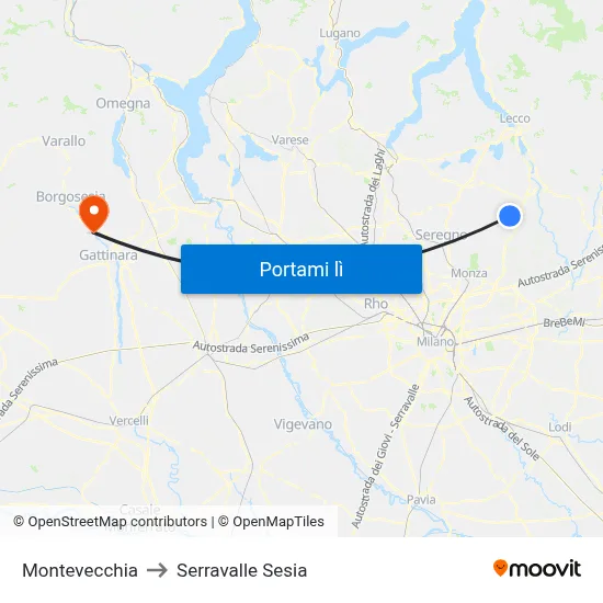 Montevecchia to Serravalle Sesia map