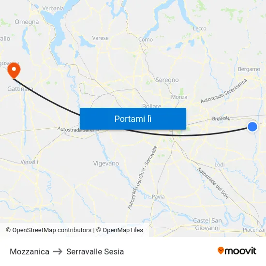 Mozzanica to Serravalle Sesia map